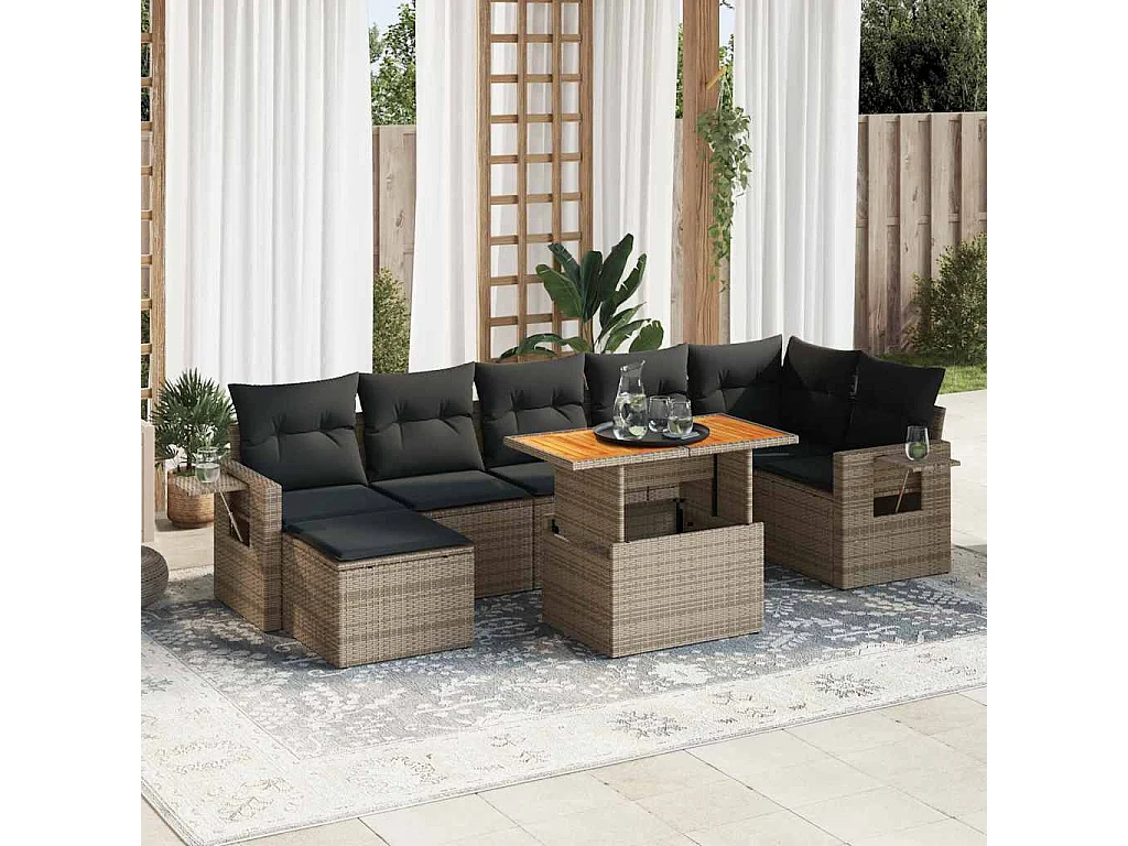 Salon de jardin 8 pcs avec coussins gris résine tressée