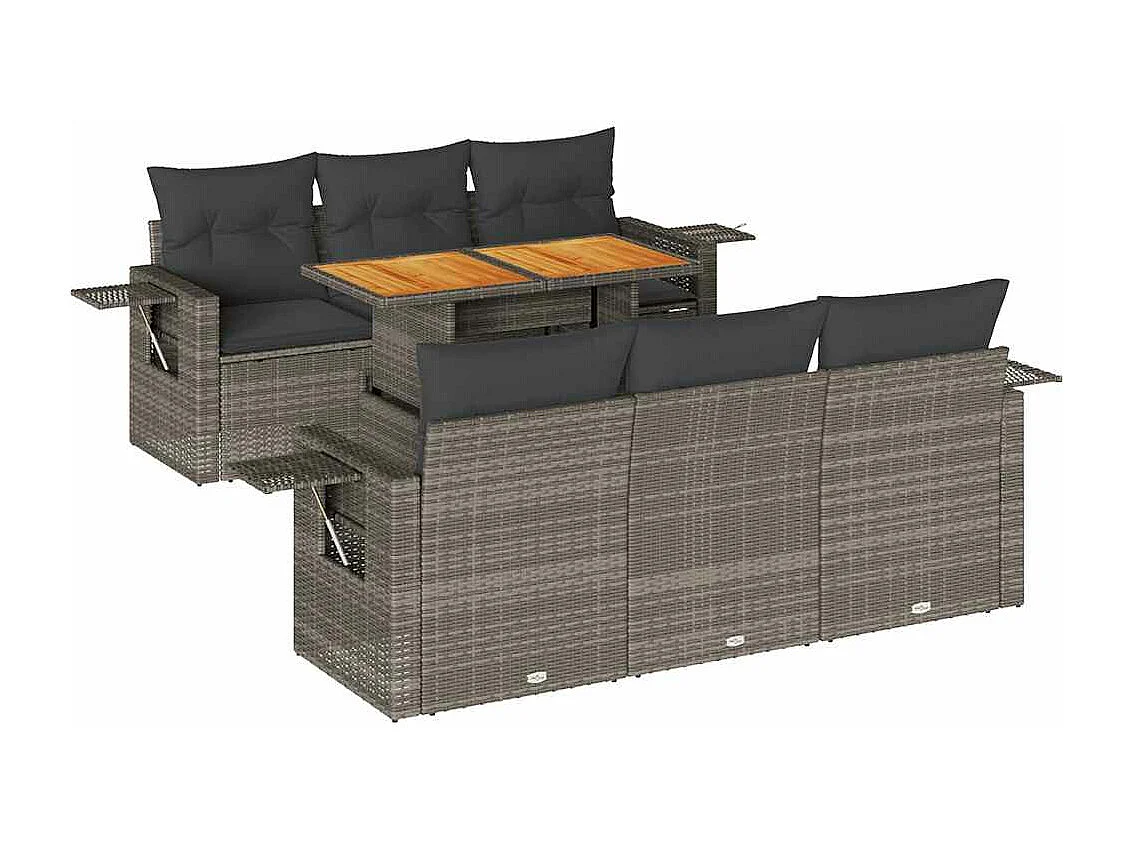 7-tlg. Garten-Sofagarnitur mit Kissen Grau Poly Rattan