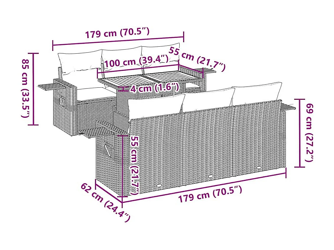 7-tlg. Garten-Sofagarnitur mit Kissen Grau Poly Rattan