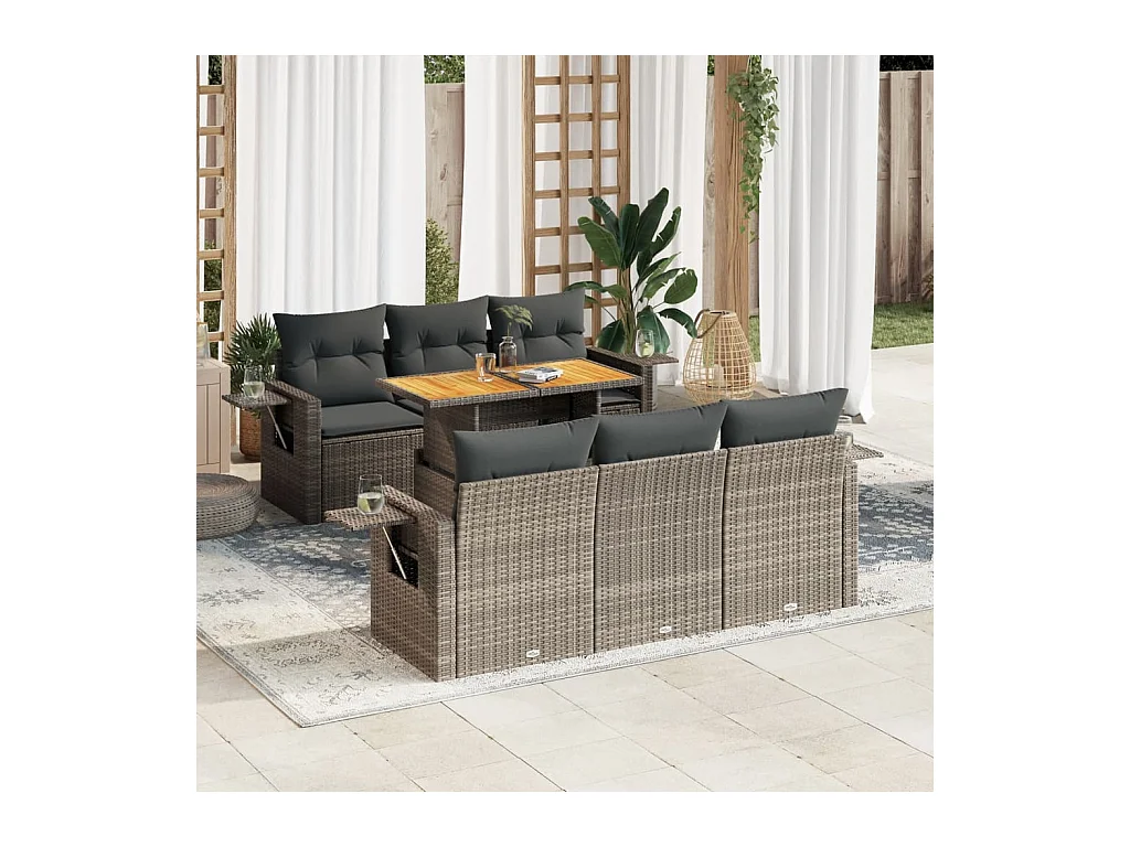Salon de jardin avec coussins 7 pcs gris résine tressée