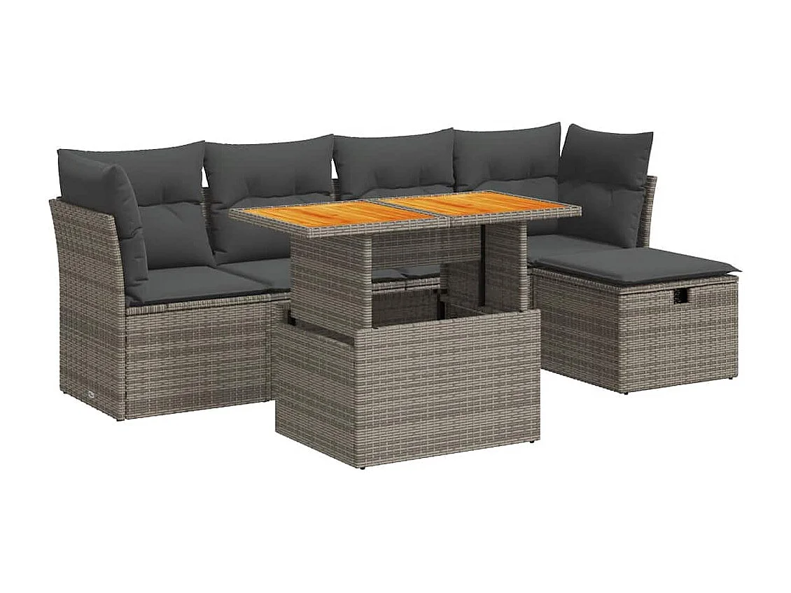 Salon de jardin avec coussins 6 pcs gris résine tressée acacia