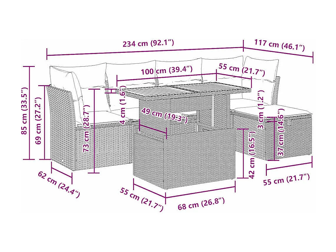6 pcs conjunto sofás jardim com almofadões PE/acácia cinzento