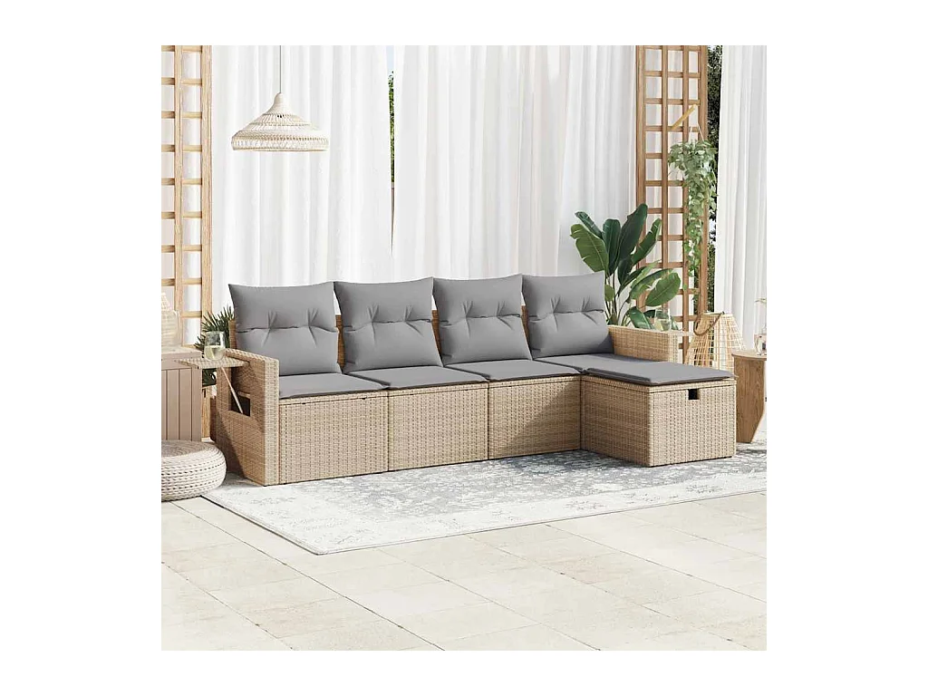 5-tlg. Garten-Sofagarnitur mit Kissen Beige Poly Rattan