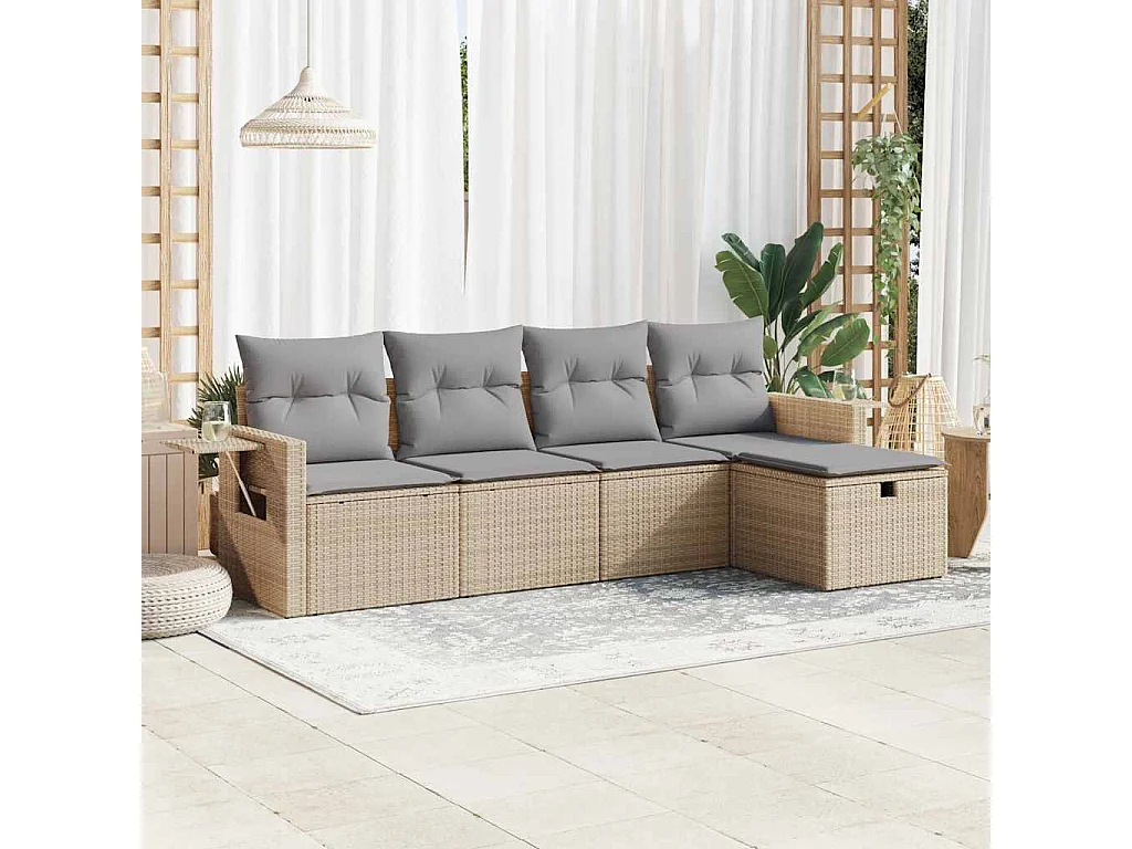 Set Divano da Giardino 5 pz con Cuscini Beige in Polyrattan