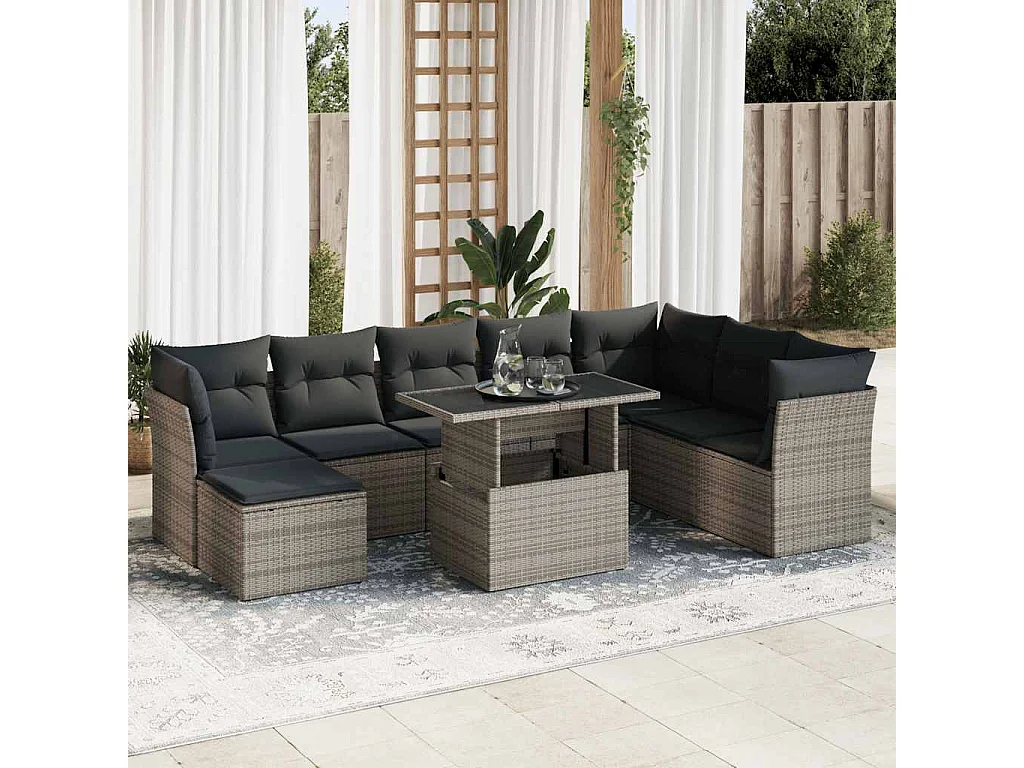 Salon de jardin 9 pcs avec coussins gris résine tressée