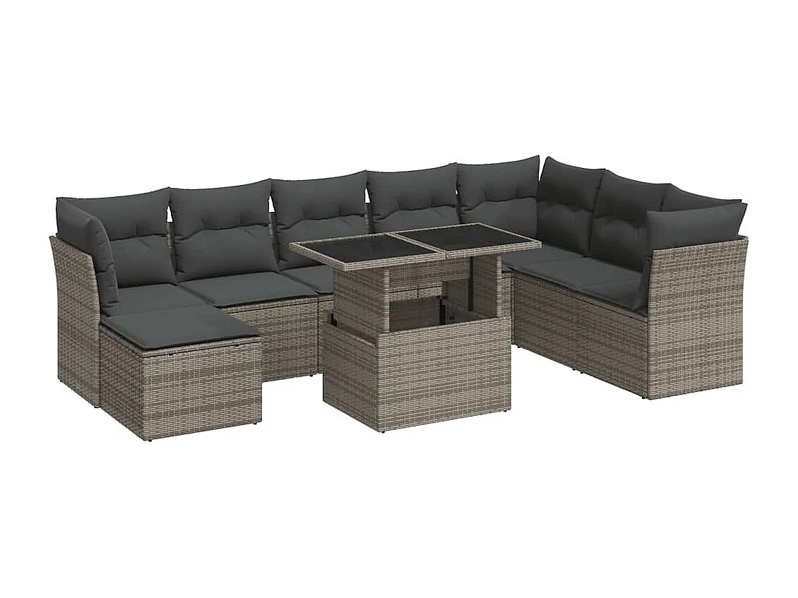 Salon de jardin 9 pcs avec coussins gris résine tressée