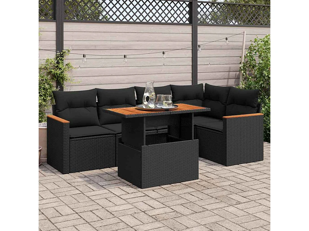 Salon de jardin 6 pcs avec coussins noir résine tressée acacia