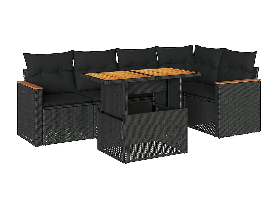 Salon de jardin 6 pcs avec coussins noir résine tressée acacia