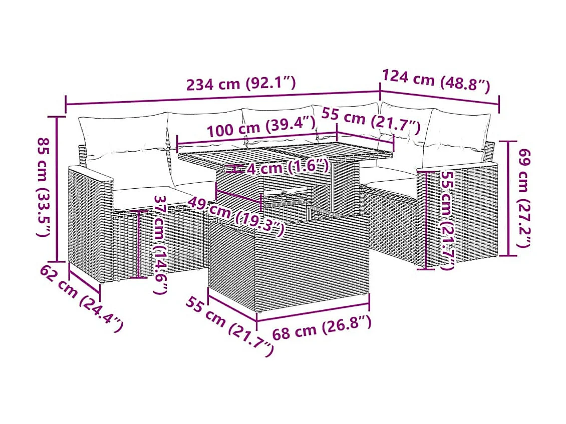 Salon de jardin 6 pcs avec coussins noir résine tressée acacia