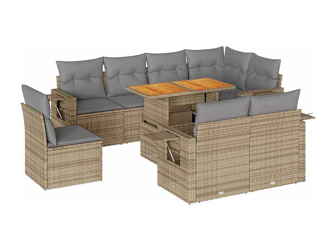Salon de jardin avec coussins 9 pcs beige résine tressée