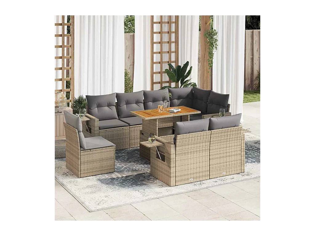 Set de sofás de jardín con cojines 9 pzas ratán sintético beige
