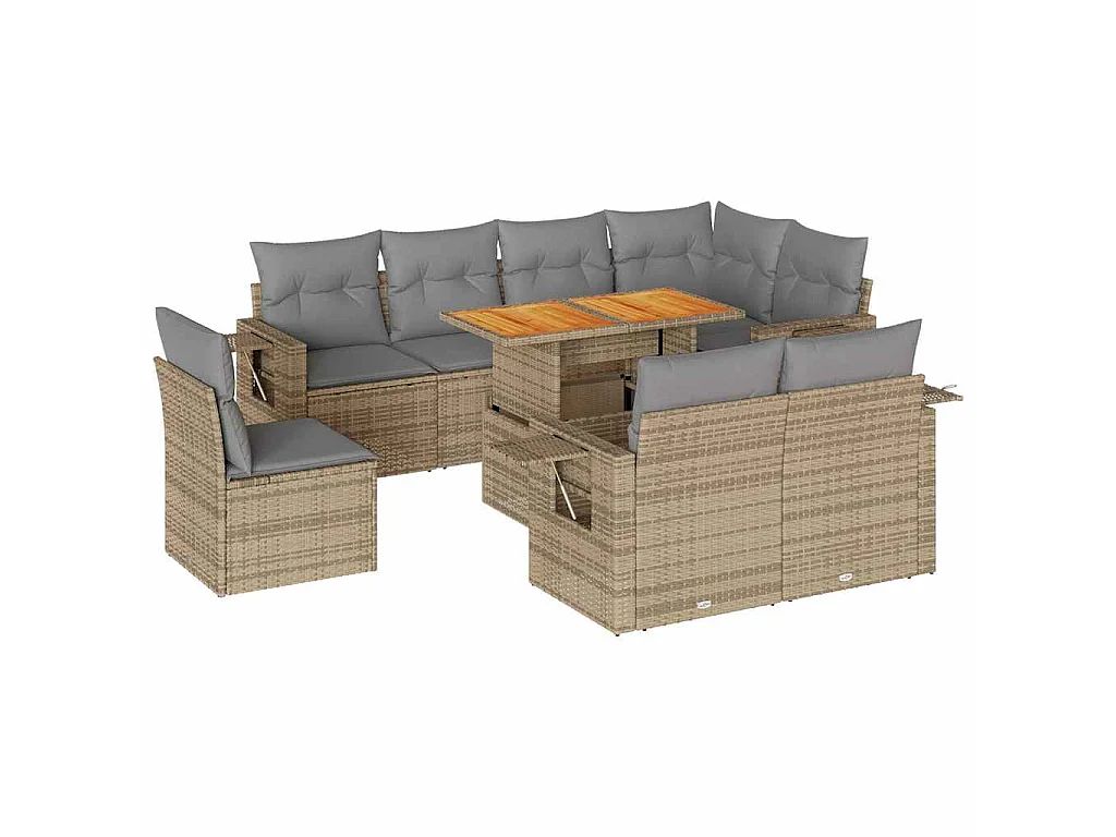 9-tlg. Garten-Sofagarnitur mit Kissen Beige Poly Rattan
