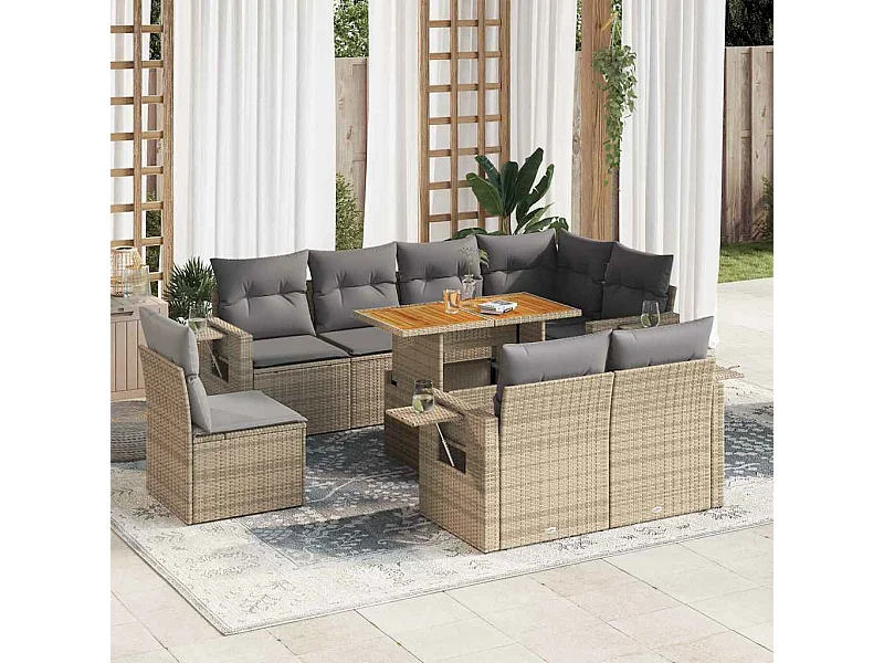 Salon de jardin avec coussins 9 pcs beige résine tressée
