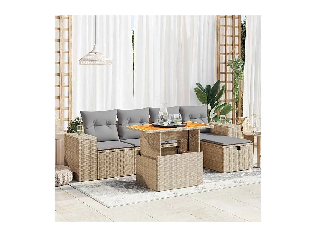 Salon de jardin 6 pcs avec coussins beige résine tressée acacia
