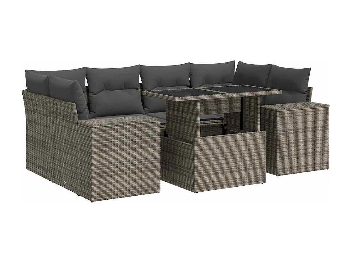 Salon de jardin avec coussins 7 pcs gris résine tressée