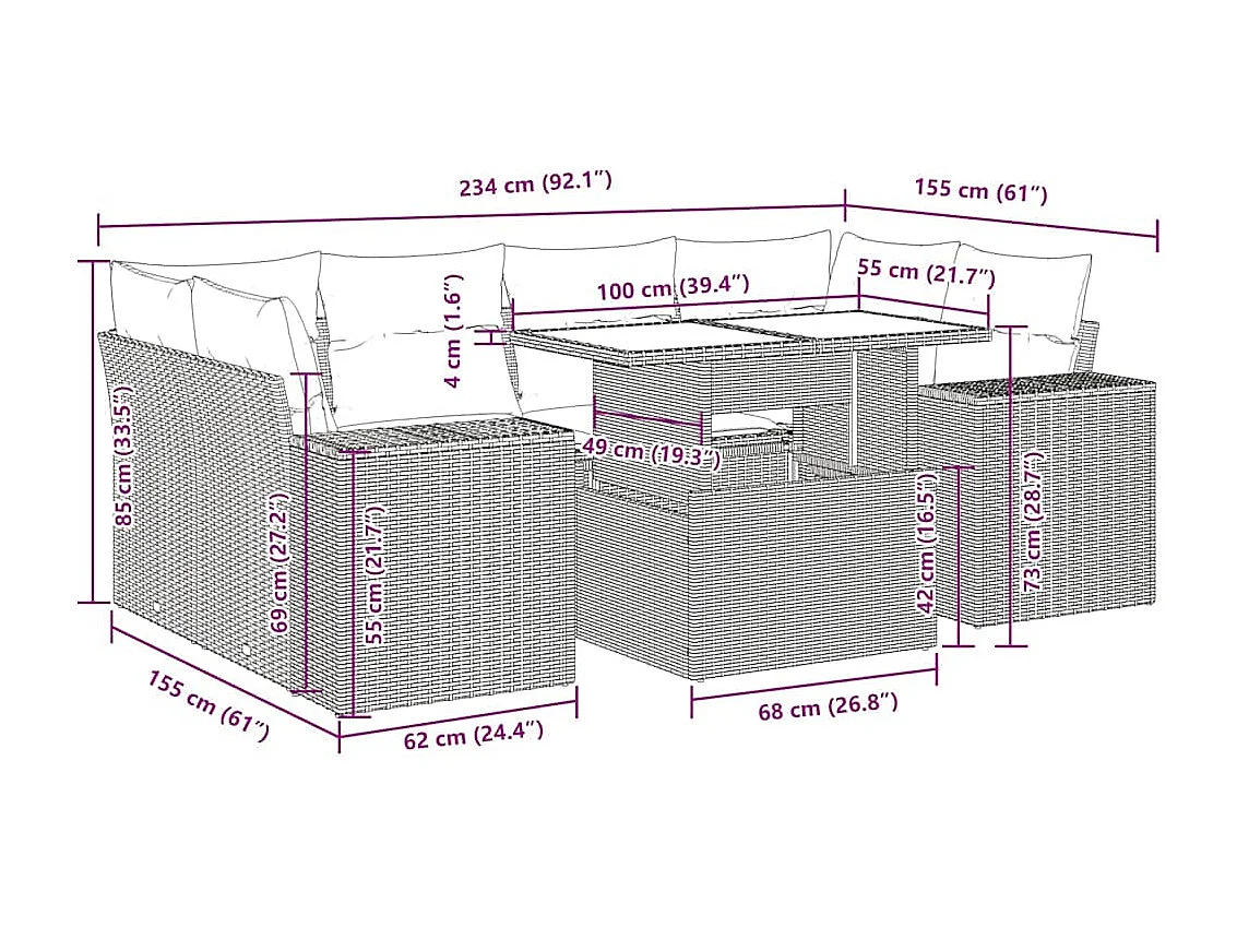 Set Divani da Giardino 7 pz con Cuscini Grigio in Polyrattan