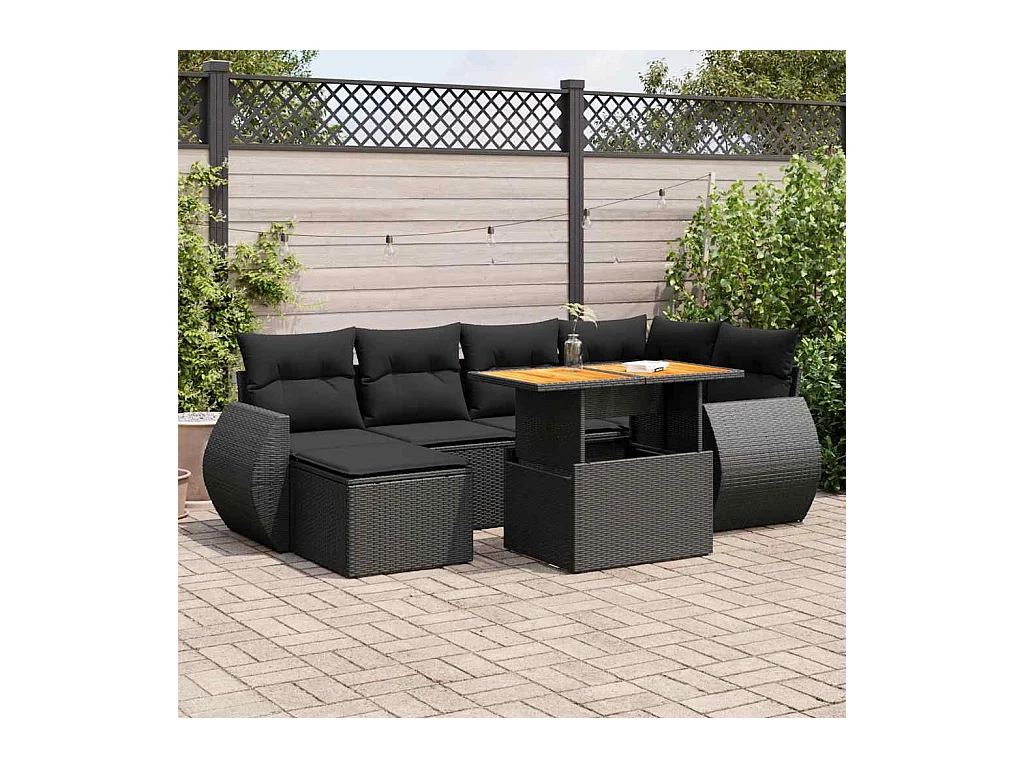 Salon de jardin 7 pcs avec coussins noir résine tressée