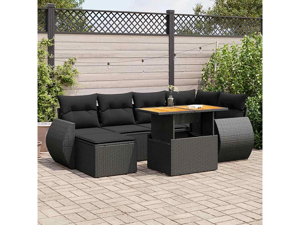 7-delige Loungeset met kussens poly rattan zwart