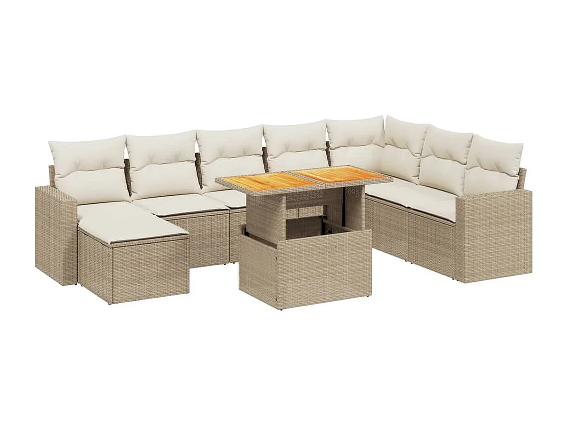 Set de sofás de jardín 9 pzas con cojines ratán sintético beige