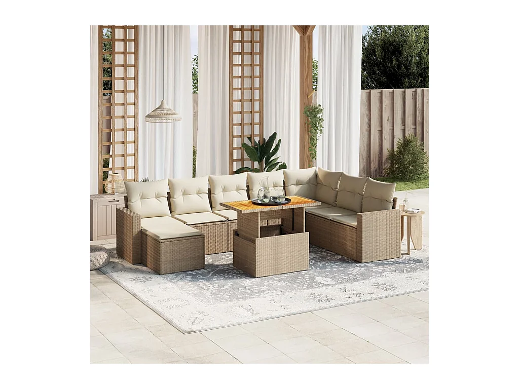 Salon de jardin avec coussins 9 pcs beige résine tressée