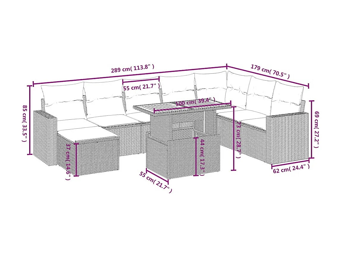 Salon de jardin avec coussins 9 pcs beige résine tressée