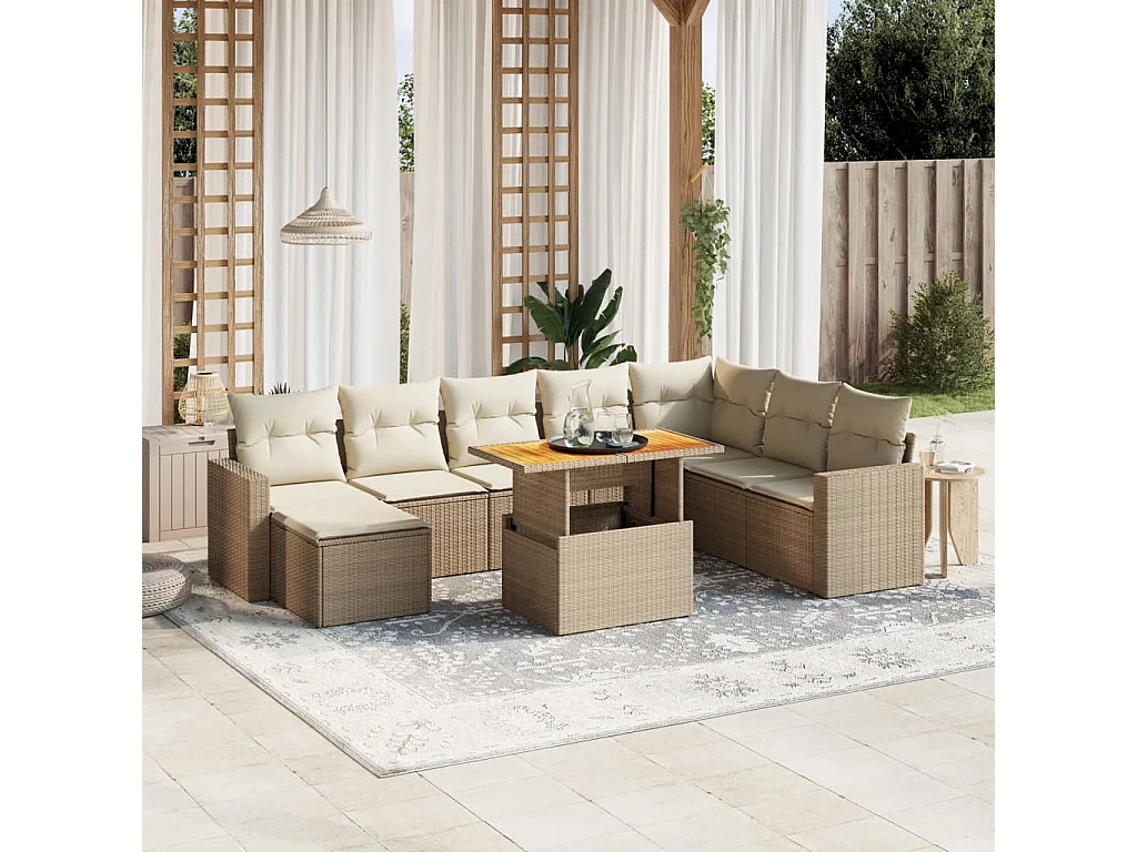 9-tlg. Garten-Sofagarnitur mit Kissen Beige Poly Rattan