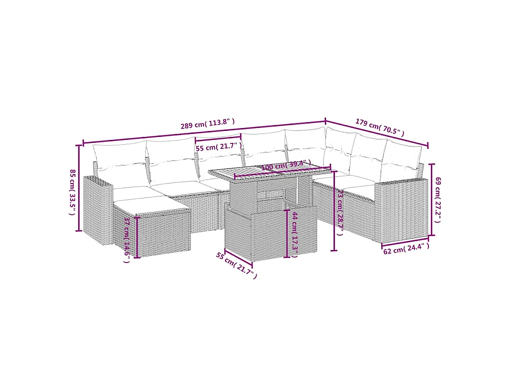 9-tlg. Garten-Sofagarnitur mit Kissen Beige Poly Rattan