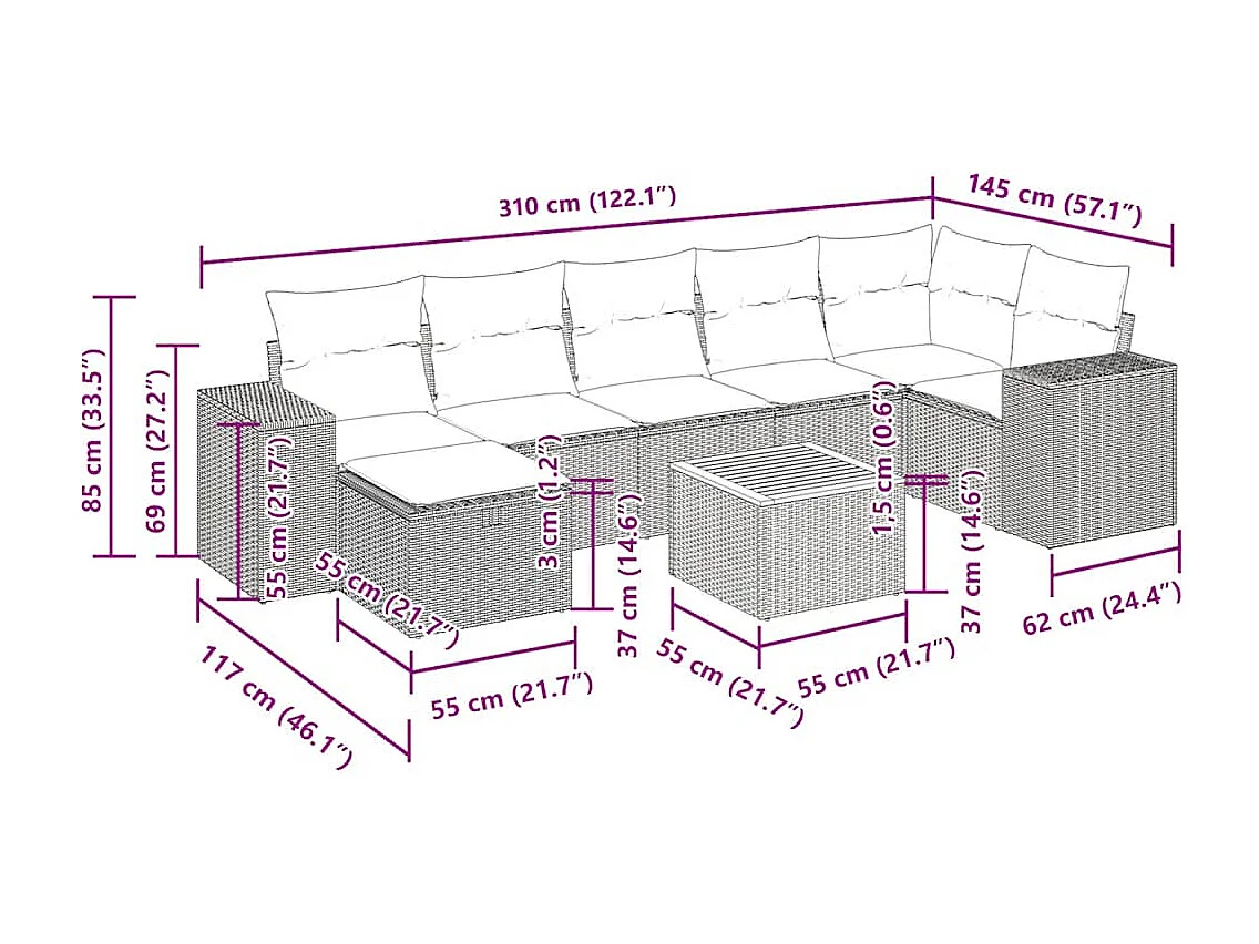Salon de jardin 8 pcs avec coussins noir résine tressée