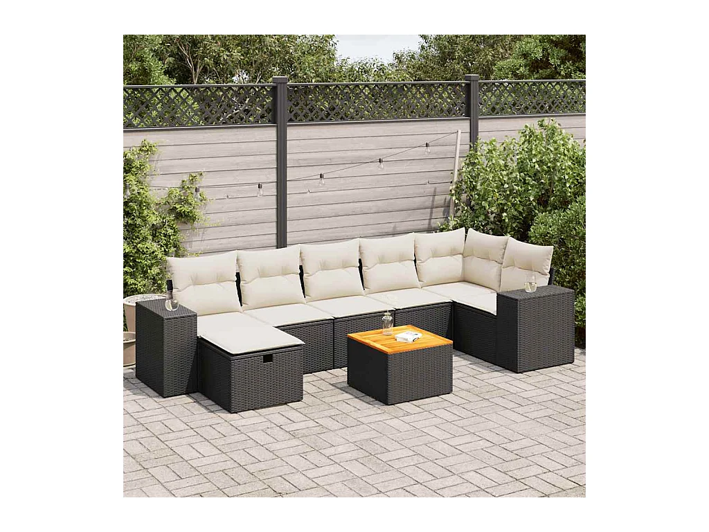 8-delige Loungeset met kussens poly rattan zwart