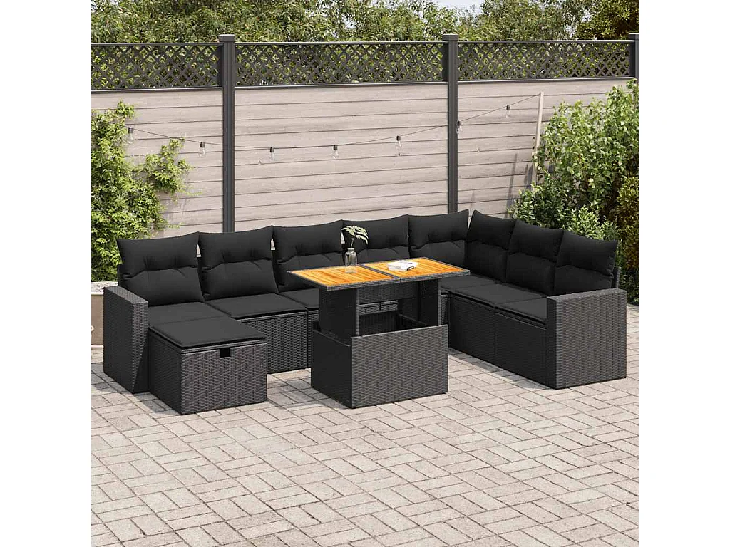 Salon de jardin avec coussins 9 pcs noir résine tressée acacia