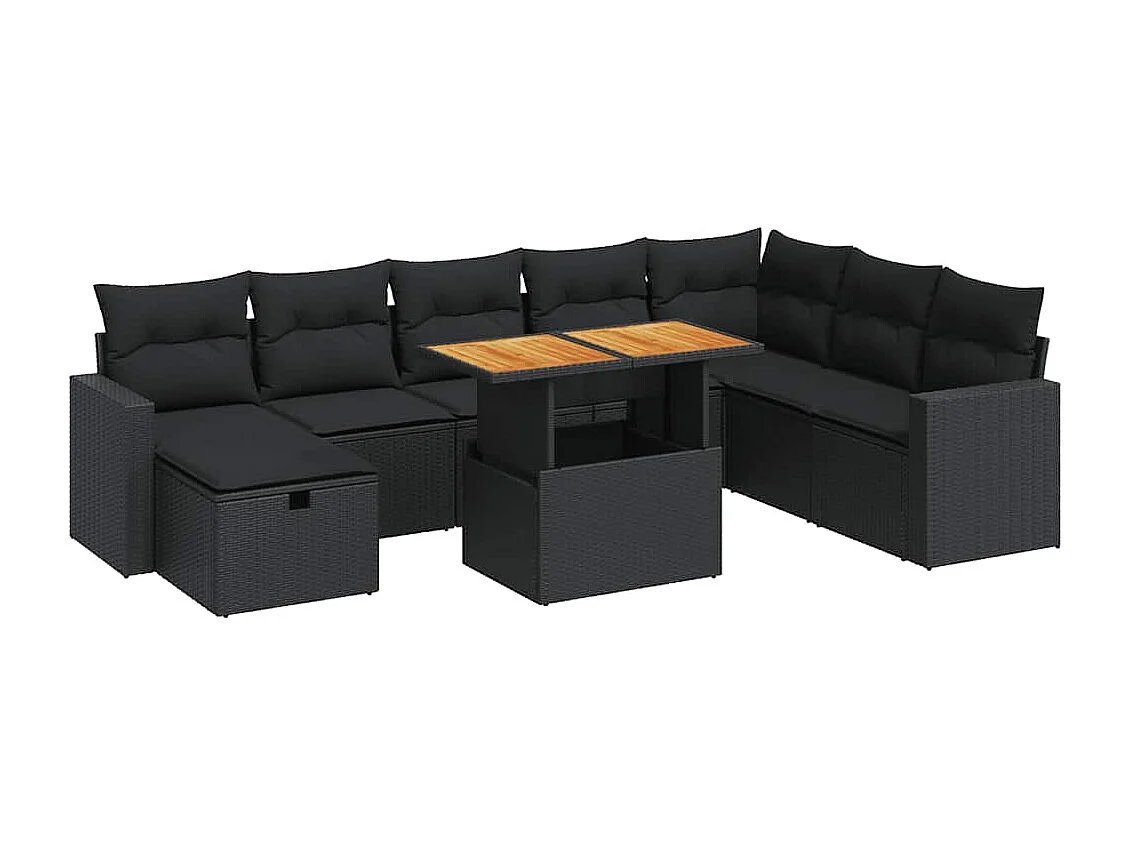 Salon de jardin avec coussins 9 pcs noir résine tressée acacia