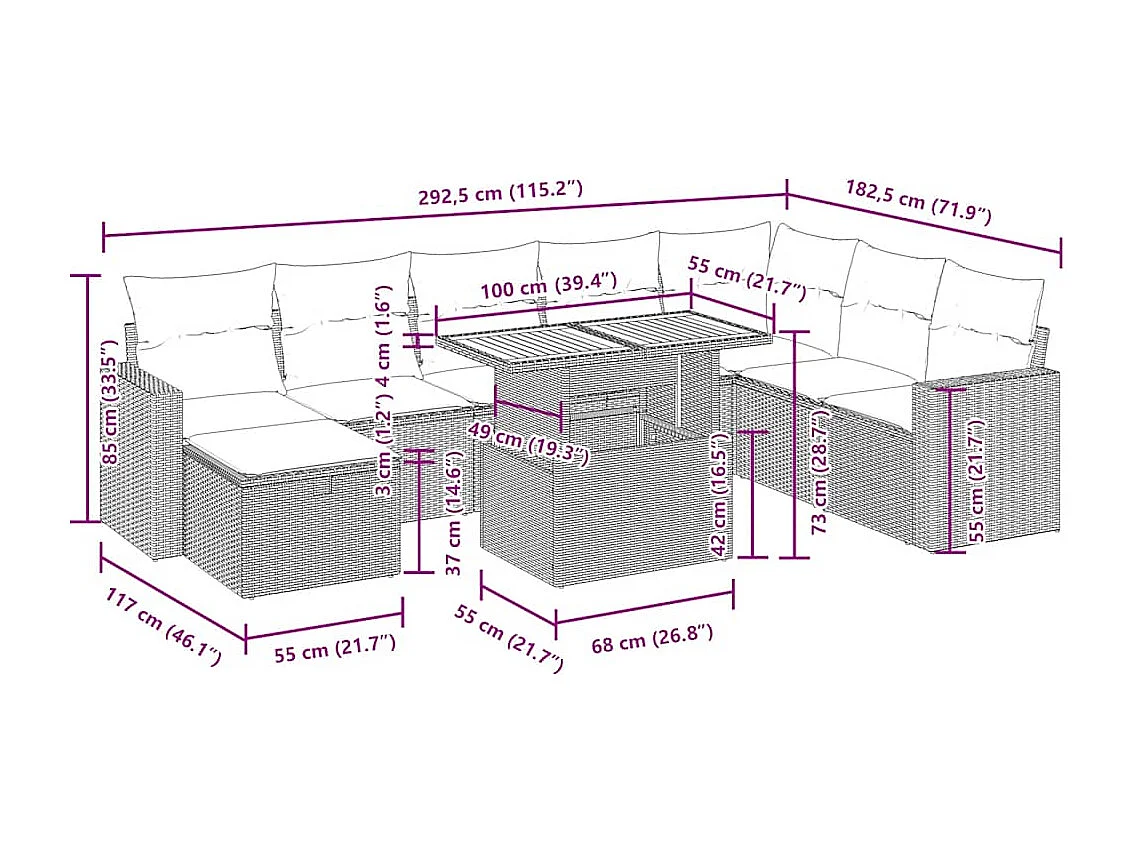 Salon de jardin avec coussins 9 pcs noir résine tressée acacia