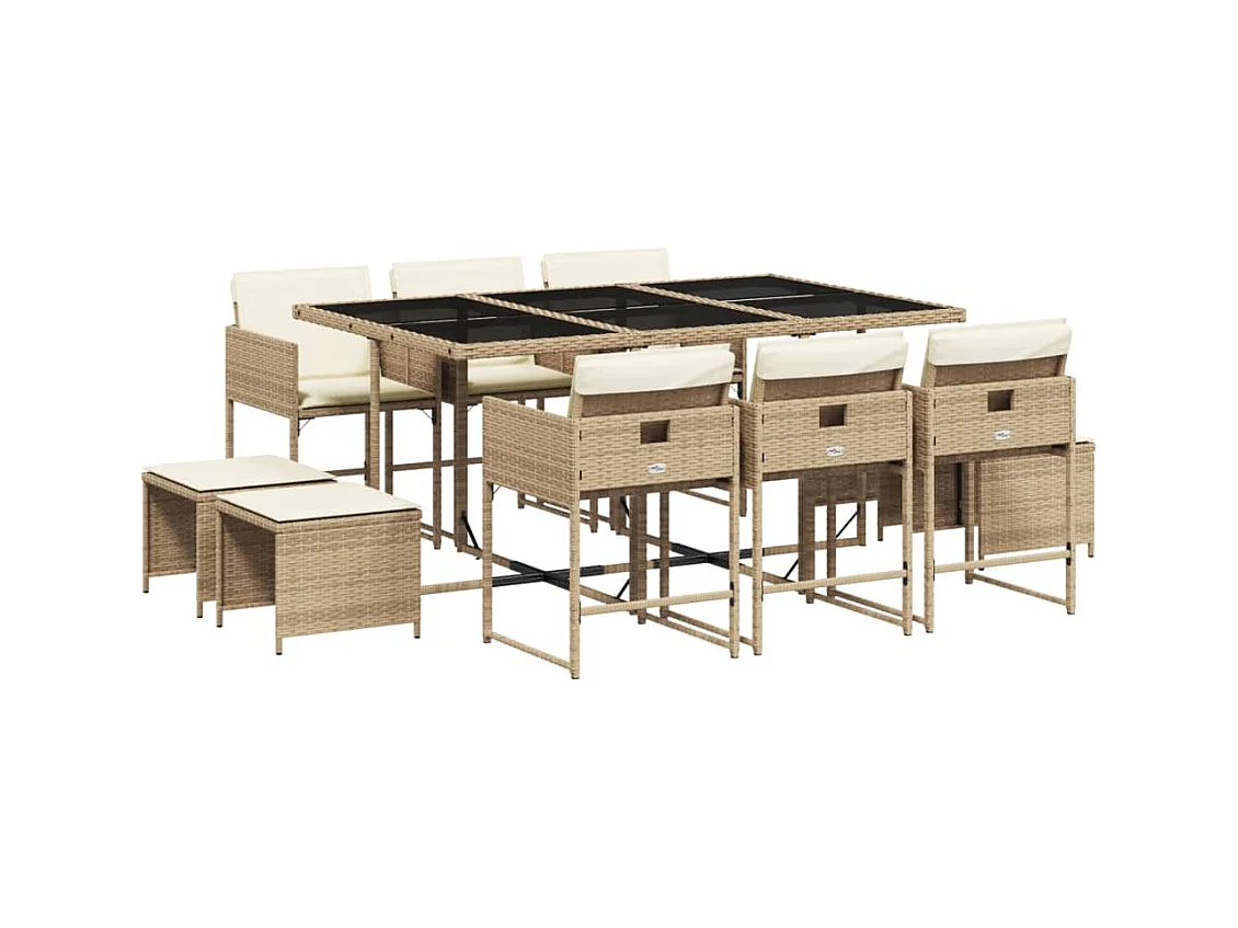 Set da Pranzo da Giardino 11 pz con Cuscini Beige in Polyrattan