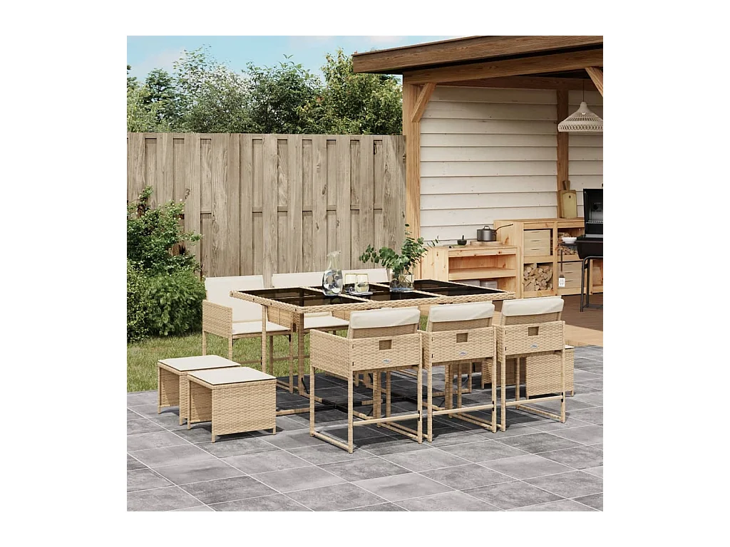 Ensemble à manger de jardin et coussins 11 pcs beige poly rotin