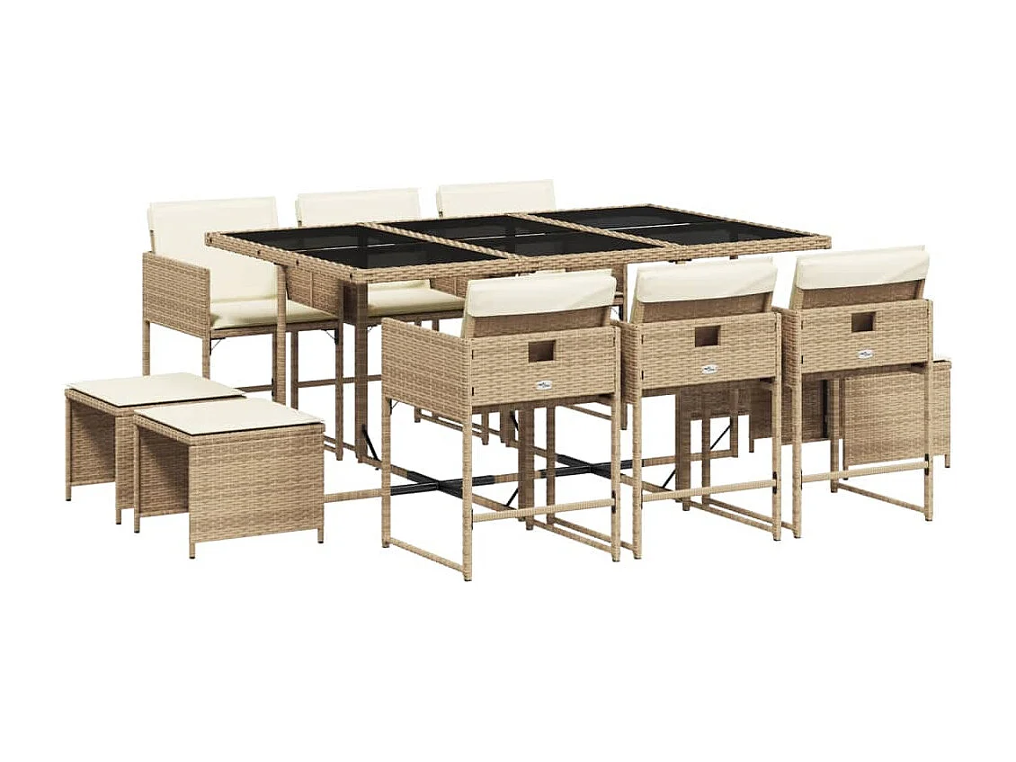 11-tlg. Garten-Essgruppe mit Kissen Beige Poly Rattan