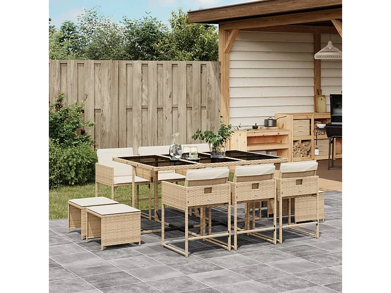 11 pcs conjunto de jantar p/ jardim com almofadões vime PE bege