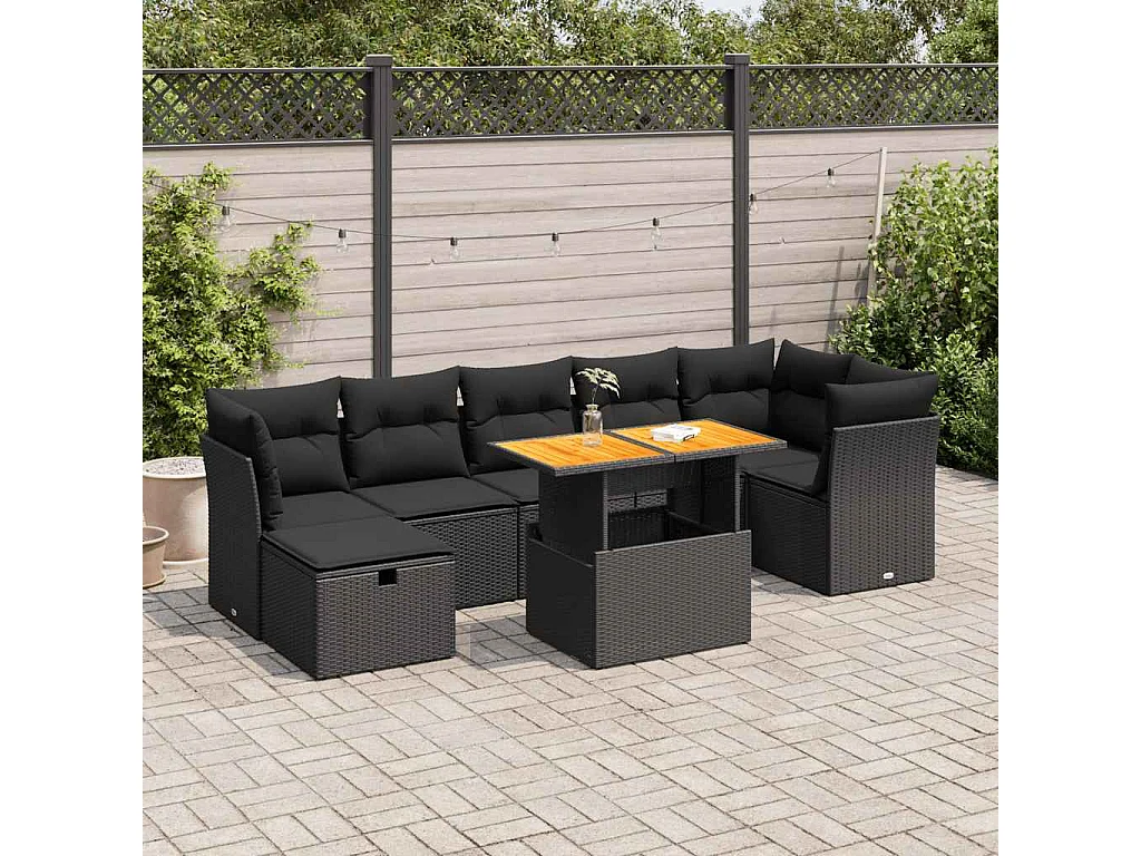 Salon de jardin avec coussins 8 pcs noir résine tressée acacia