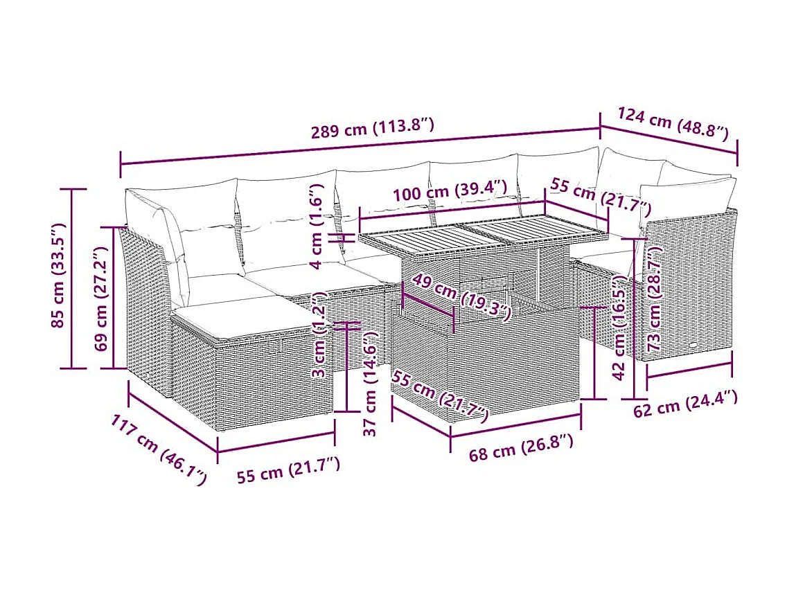 Salon de jardin avec coussins 8 pcs noir résine tressée acacia