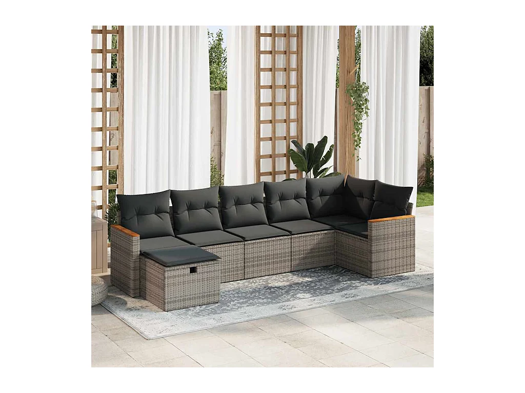 7-tlg. Garten-Sofagarnitur mit Kissen Grau Poly Rattan