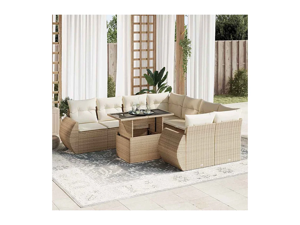 Salon de jardin avec coussins 9 pcs beige résine tressée