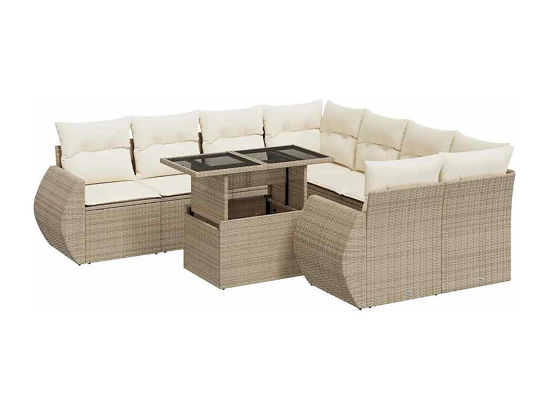 9 pcs conjunto de sofás p/ jardim com almofadões vime PE bege