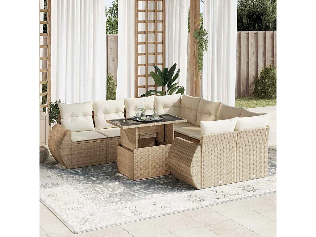 9 pcs conjunto de sofás p/ jardim com almofadões vime PE bege