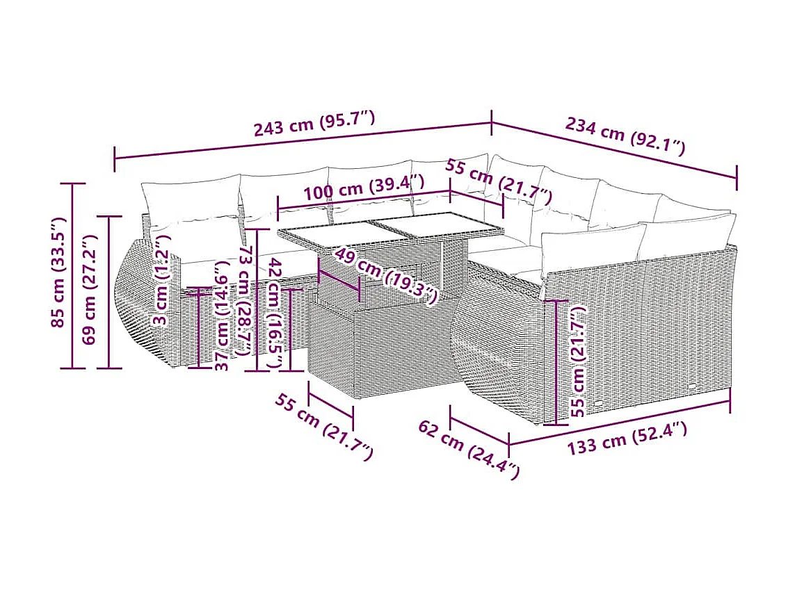 9 pcs conjunto de sofás p/ jardim com almofadões vime PE bege