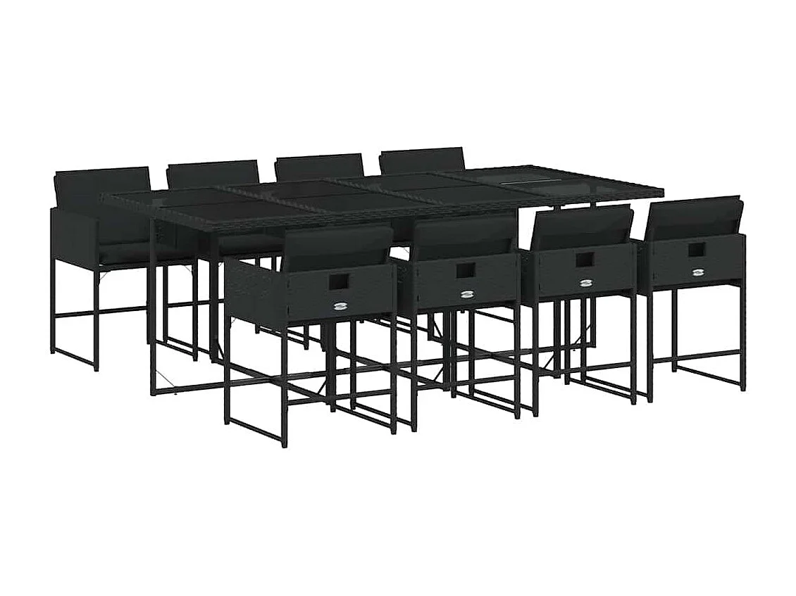 Set da Pranzo da Giardino 9 pz con Cuscini Nero in Polyrattan