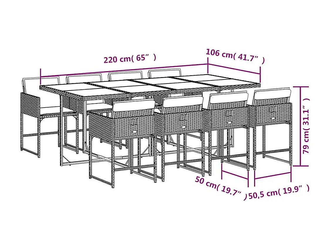 Set da Pranzo da Giardino 9 pz con Cuscini Nero in Polyrattan