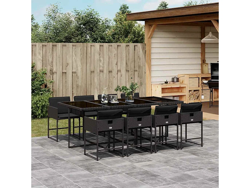 9-tlg. Garten-Essgruppe mit Kissen Schwarz Poly Rattan