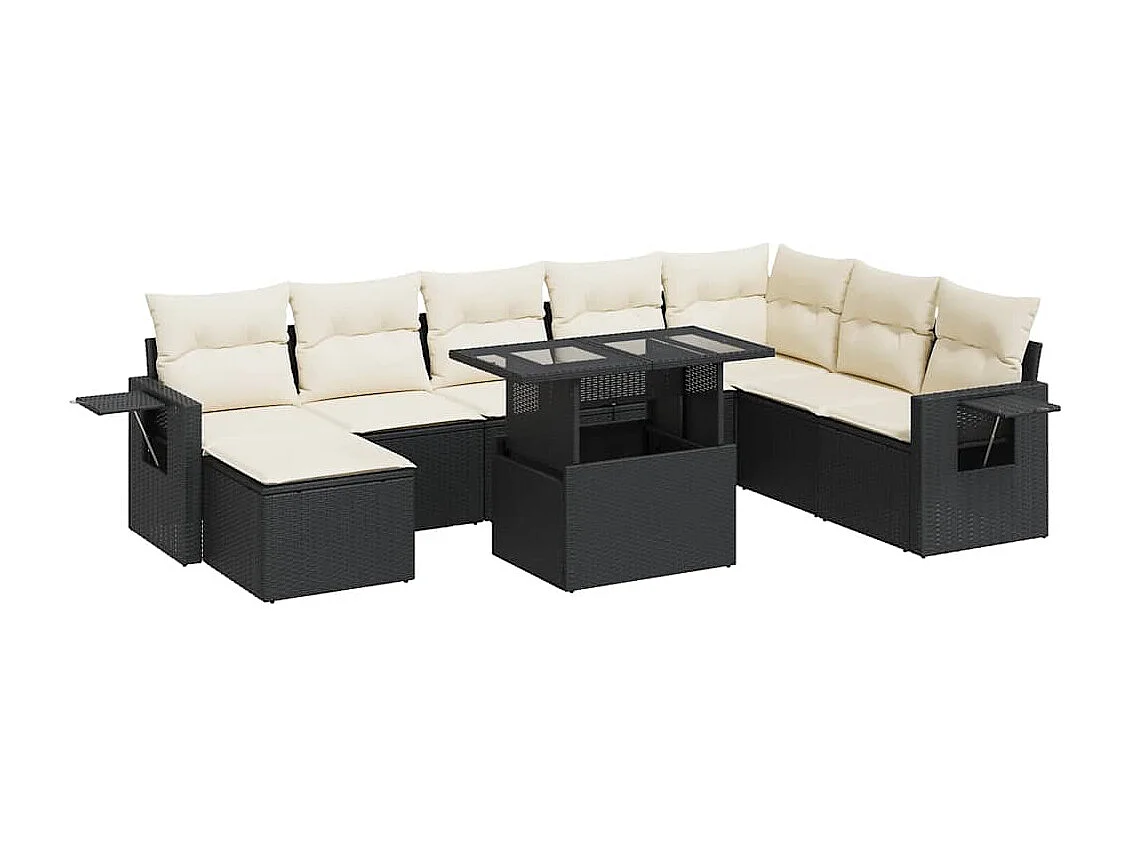 9 pcs conjunto de sofás p/ jardim c/ almofadões vime PE preto