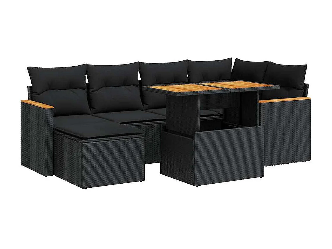 Salon de jardin avec coussins 7 pcs noir résine tressée acacia