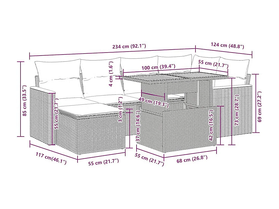 Salon de jardin avec coussins 7 pcs noir résine tressée acacia