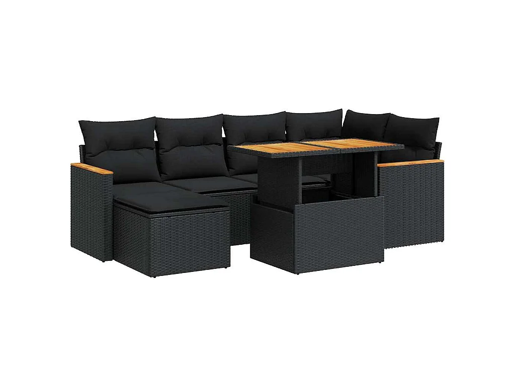 7-tlg. Garten-Sofagarnitur mit Kissen Schwarz Poly Rattan